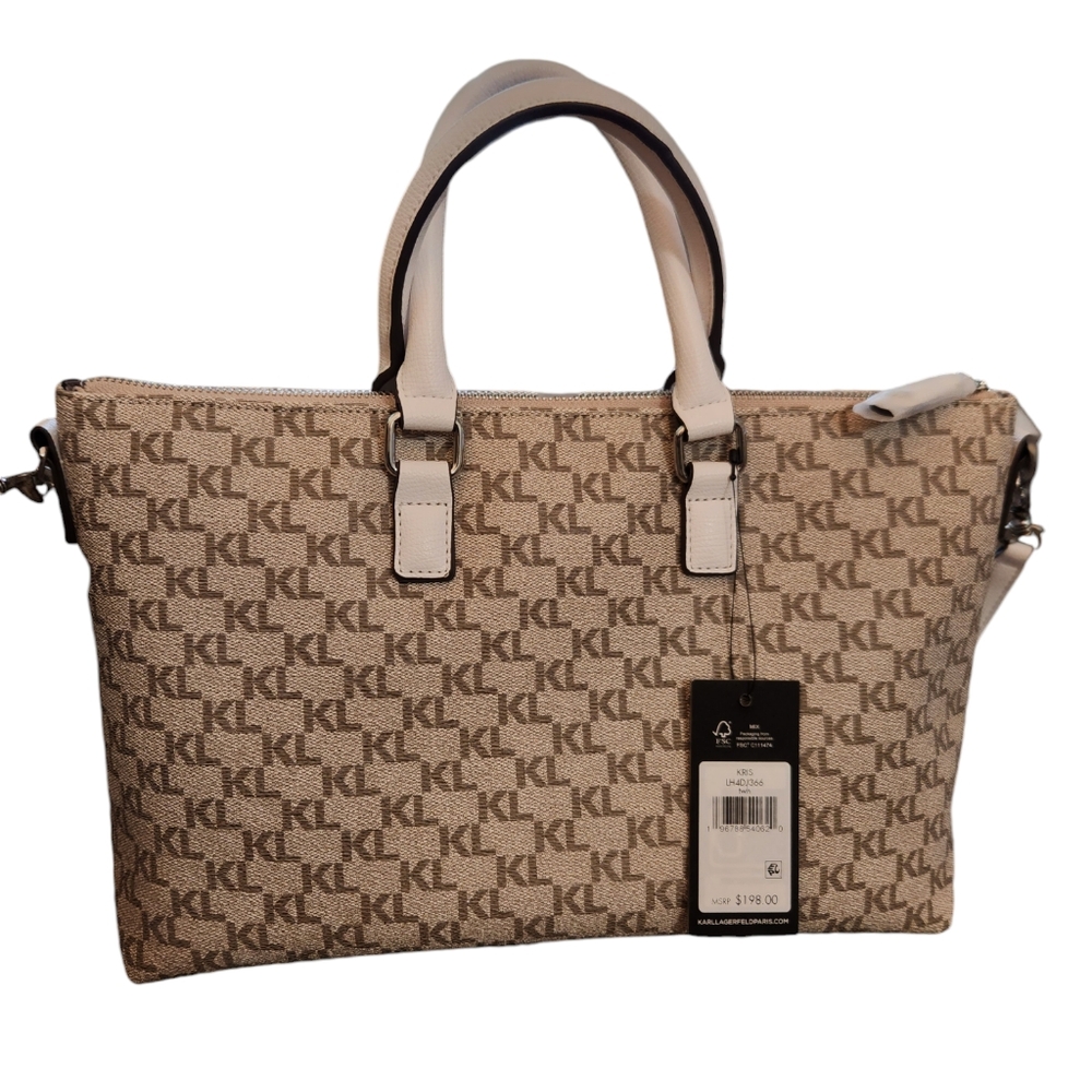 Karl Lagerfeld Leather Beige Monogrammed with White Trim Hand bag Crossbody NWT - Picture 2 of 11